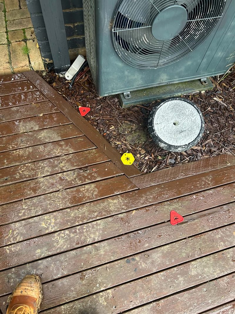 Coloured marker pegs set along a timber deck and garden bed, marking the traced route of an underground line